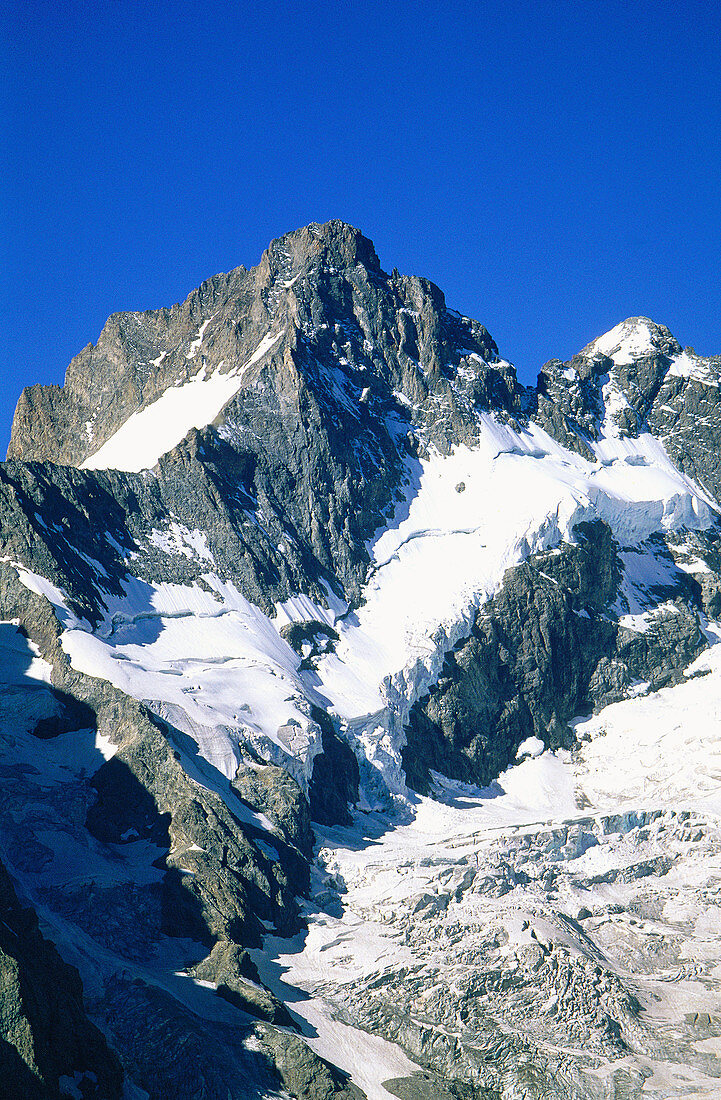 Aiguille des Drus in the Mont Blanc mountains. Haute-Savoie, Alps. France
