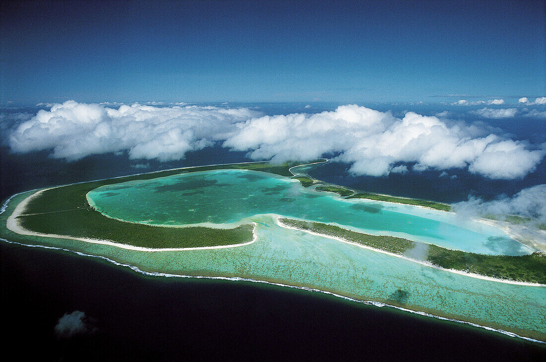 Aerial of Tupai atoll near Bora Bora island, Leeward Islands. French Polynesia