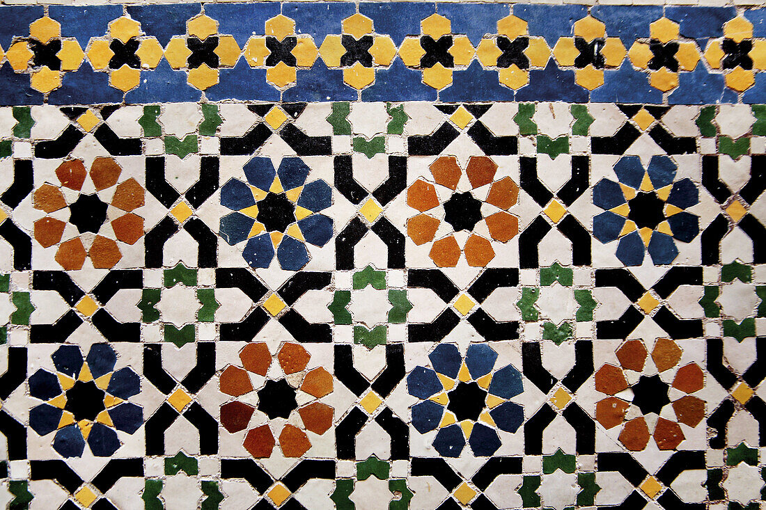 Zellige (ceramic tiles) at the Tijani mosque, at Fes. Morocco.