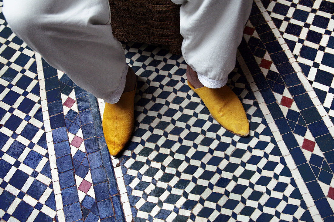 Zellige (ceramic tiles) floor at Riad Les Oudayas, at Batha, Fes. Morocco.