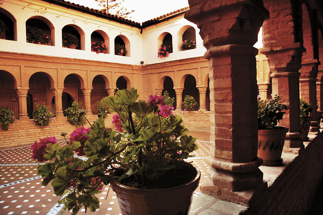 Mudejar style clauster, at the Monastery of La Rabida, at Palos de la Frontera. Huelva province. Spain.