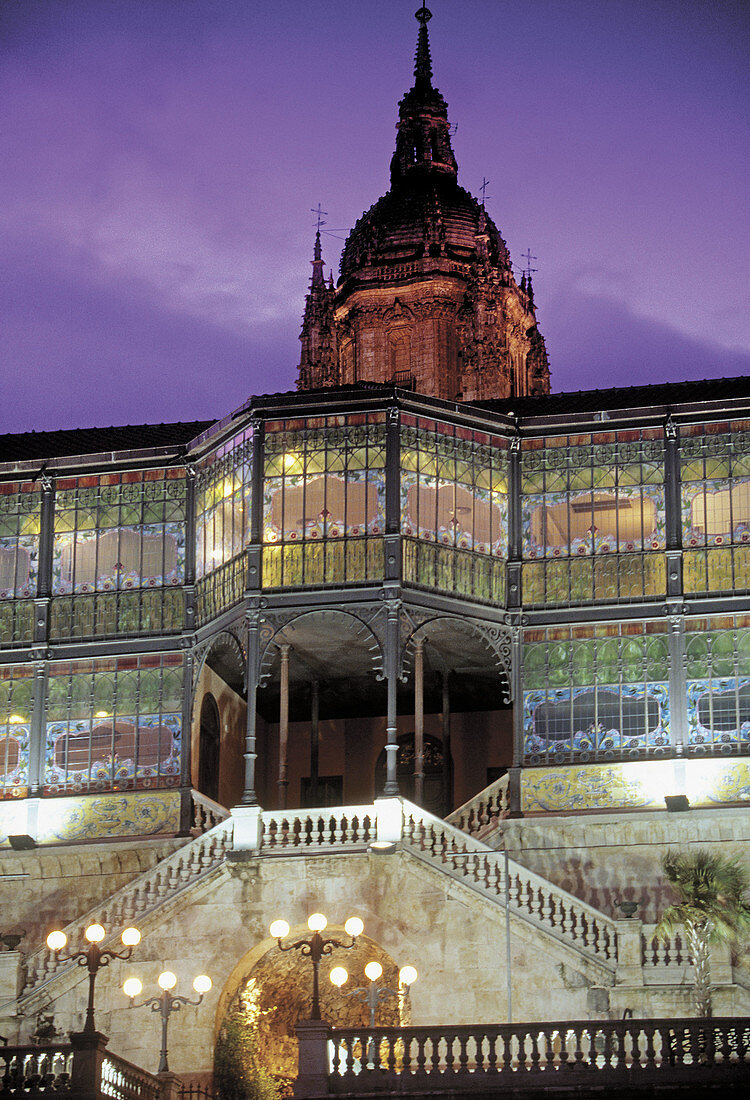 The famous art-deco Casa Lis , and back the tower of the cathedral, at Salamanca. Spain.