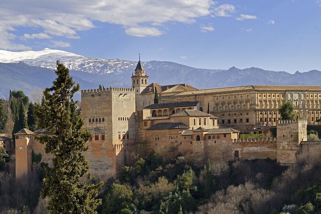 Alhambra and Carlos V Palace, at Granada. Andalucia. Spain.