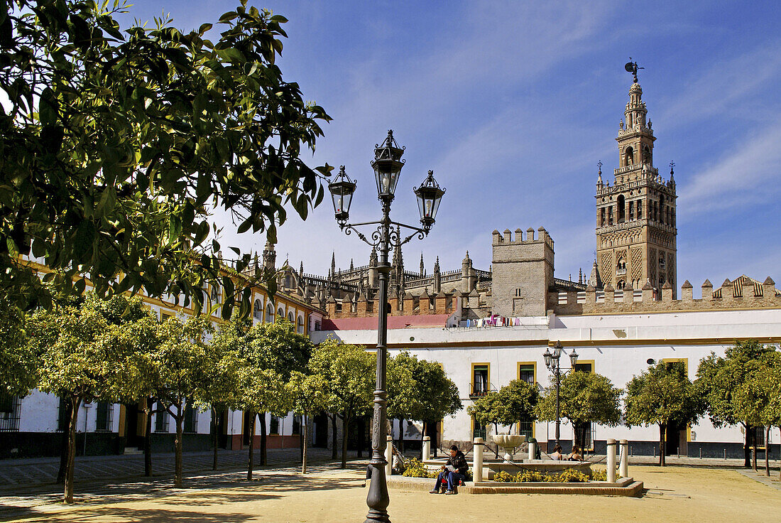 Giralda tower from Plaza de Armas at Seville. Andalucia. Spain.