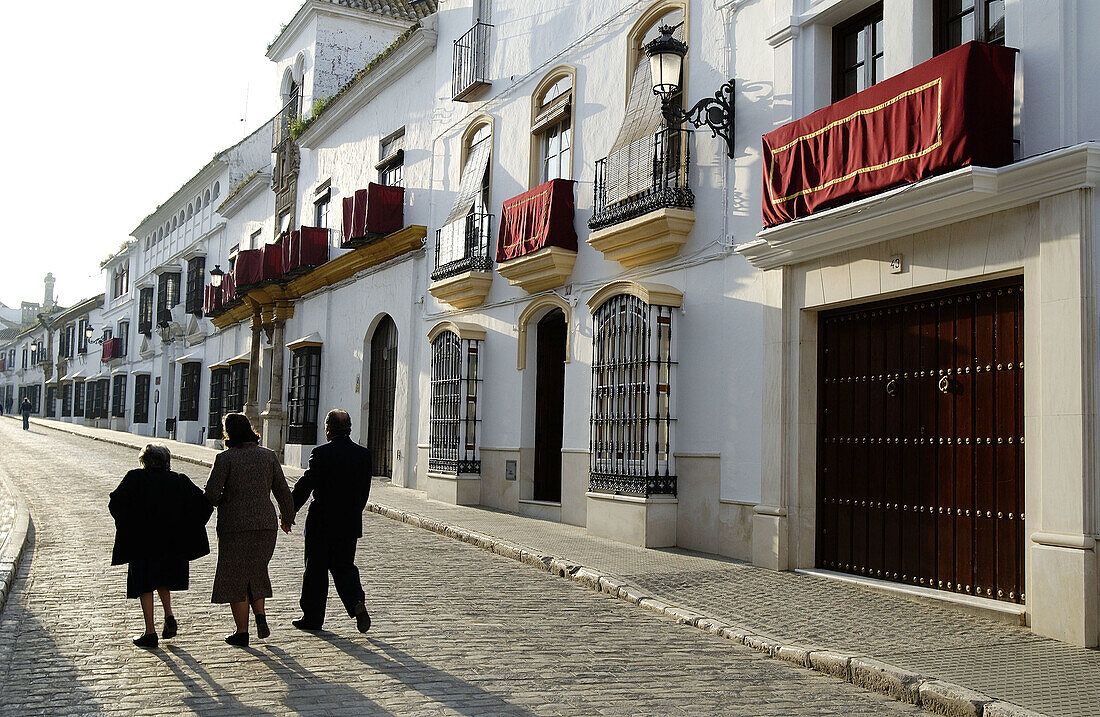 Verschnörkelte Balkone in der Straße von Sevilla während der Karwoche. Osuna. Provinz Sevilla. Andalusien. Spanien