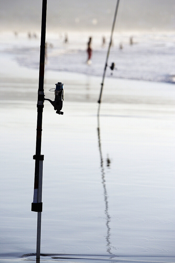 Sport fishing at beach. Hendaye, Aquitaine. France