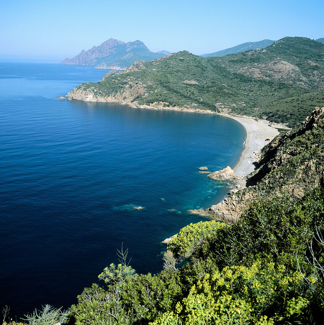 Bussaglia Strand, La Scandola im Hintergrund. Golf von Porto. Südkorsika. Insel Korsika. Frankreich