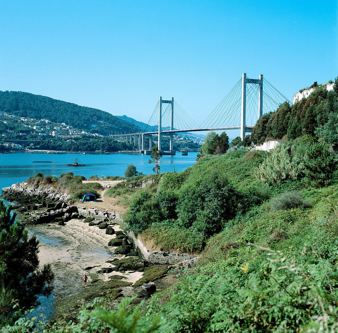 Rande-Brücke über die Ria von Vigo (Flussmündung), Provinz Pontevedra, Galicien, Spanien