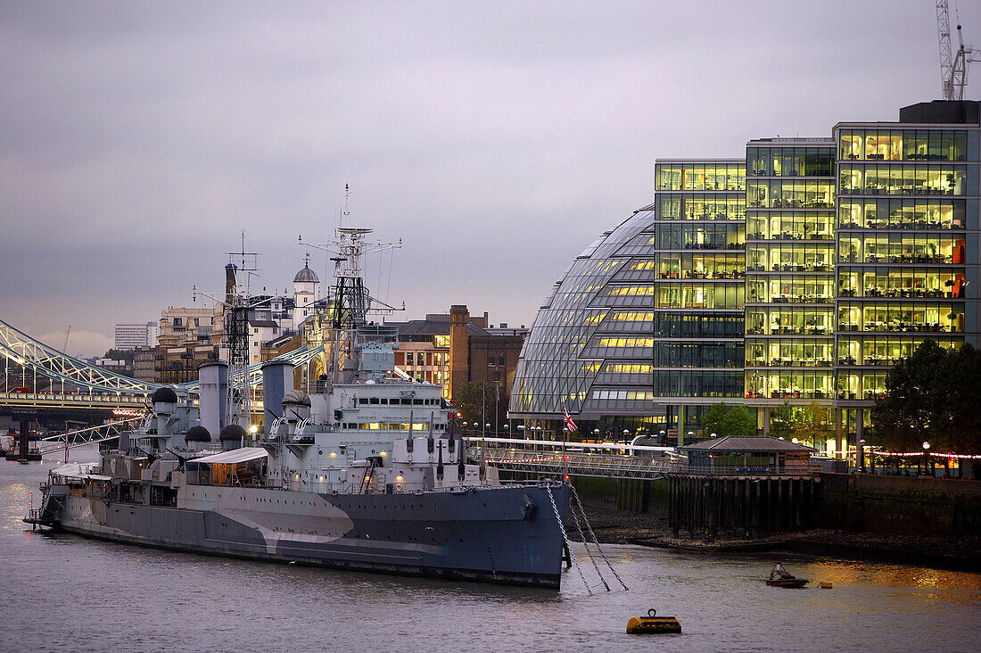 HMS Belfast, Southwark Crown Court, City Hall, Thames River, London. England, UK