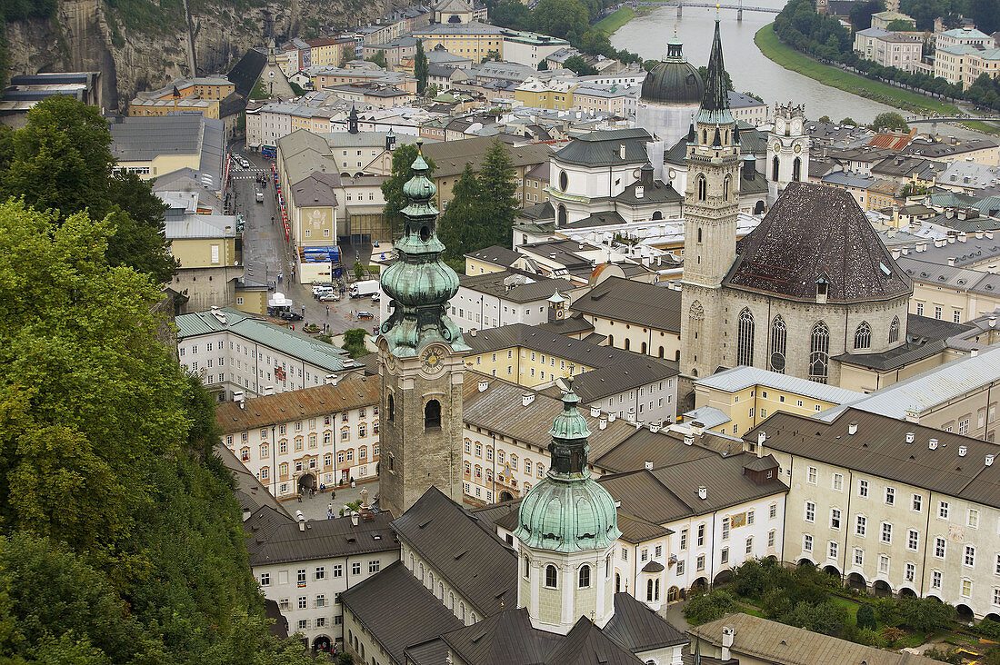 Abbey of St. Peter (Erzabtei St Peter) and Franziskanerkirche (St. Francis Church) seen from Hohensalzburg, Salzburg. Austria