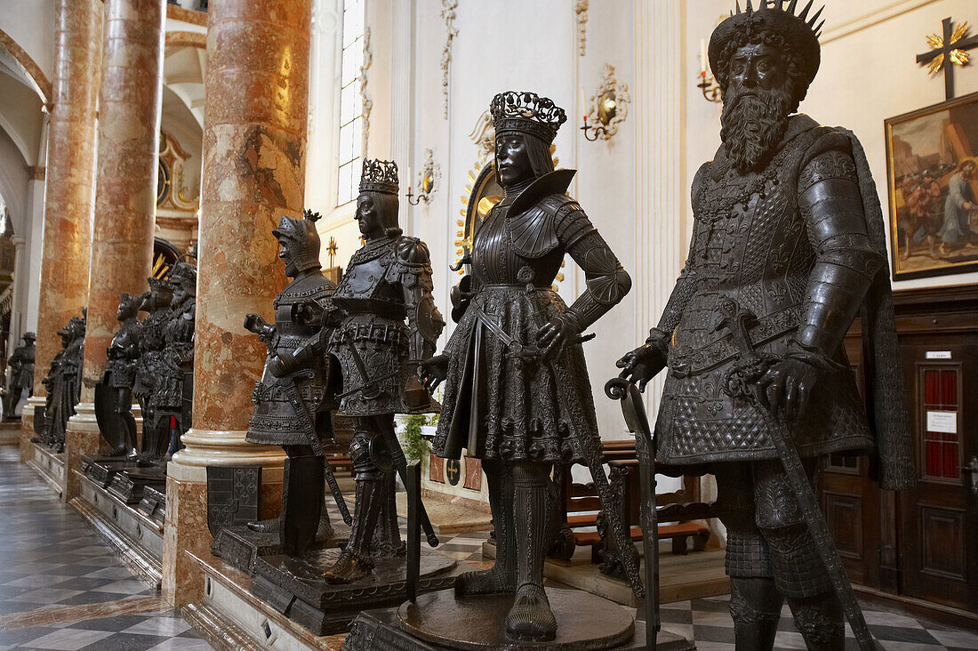 Monumental tomb of Emperor Maximilian I (16th century): -from left to right- Clovis the King of the Franks, King Philip the Fair of Castile, King Rudolf I and Duke Albrecht II the wise of Austria in the Hofkirche (Court Church), Innsbruck. Tyrol, Austria