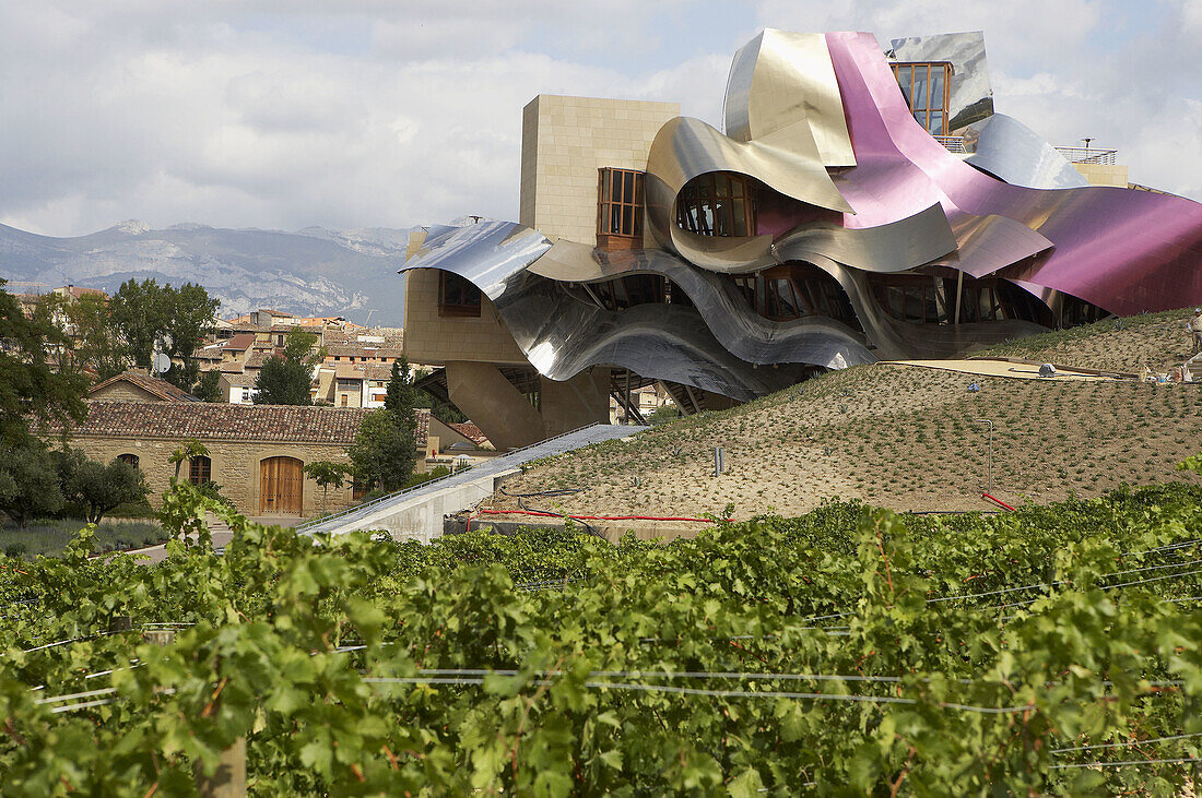 Ciudad del Vino, Gebäude der Weinkellerei Herederos de Marques de Riscal von Frank O. Gehry. Elciego, Rioja alavesa. Alava, Euskadi, Spanien