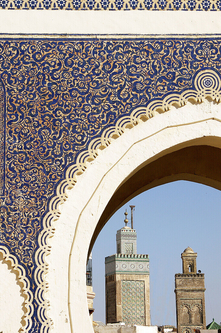 Detail of Bab Bou Jeloud, gateway to the Medina (old town). Fes el Bali, Fes. Morocco