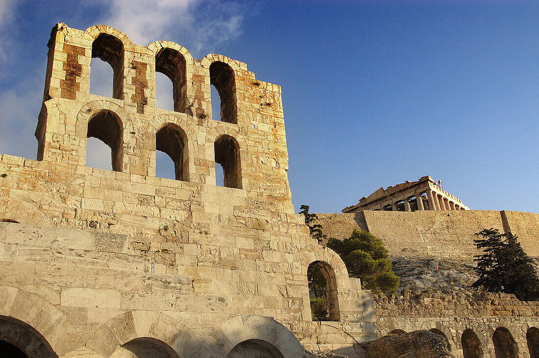 Odeion of Herodes Atticus and Parthenon. Acropolis, Athens. Greece