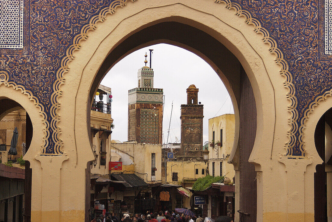 Bab Bou Jeloud, gateway to the Medina (old town). Fes el Bali, Fes. Morocco