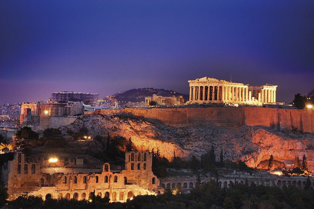 Odeion of Herodes Atticus and Parthenon. Acropolis, Athens. Greece