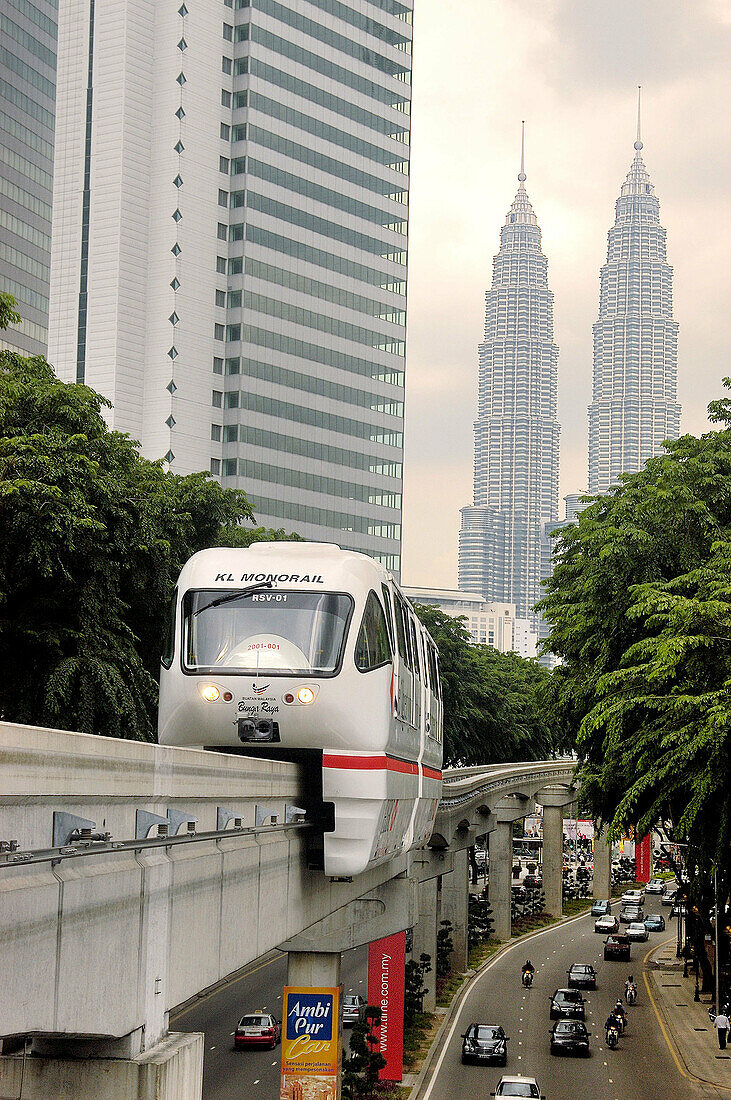 Malaysia. Kuala Lumpur. monorail and the Petronas Twin Towers