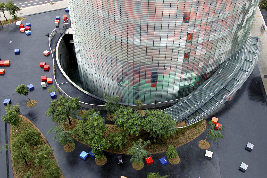 Agbar Tower by architect Jean Nouvel seen from Hotel Diagonal by architect Juli Capella, Barcelona. Catalonia, Spain