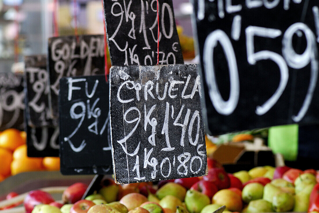 Blackboards with prices. Mercado de la Boquería. Barcelona. Spain.