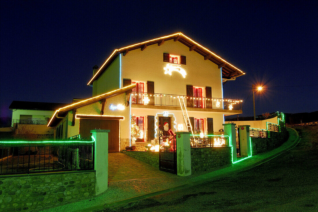 House and Christmas lights, Bourg-Madame. Pyrénées-Orientales, France