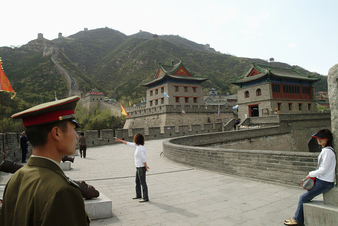 Tourists explore Jiayu Guan pass (fortress) in spring, Great Wall. China