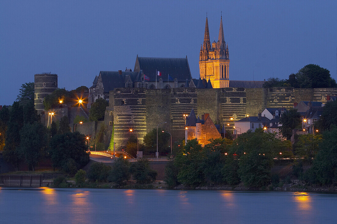 Evening in Angers; view at the castle, cathédrale St Maurice and the river La Maine, dept Maine-et-Loire, France, Europe
