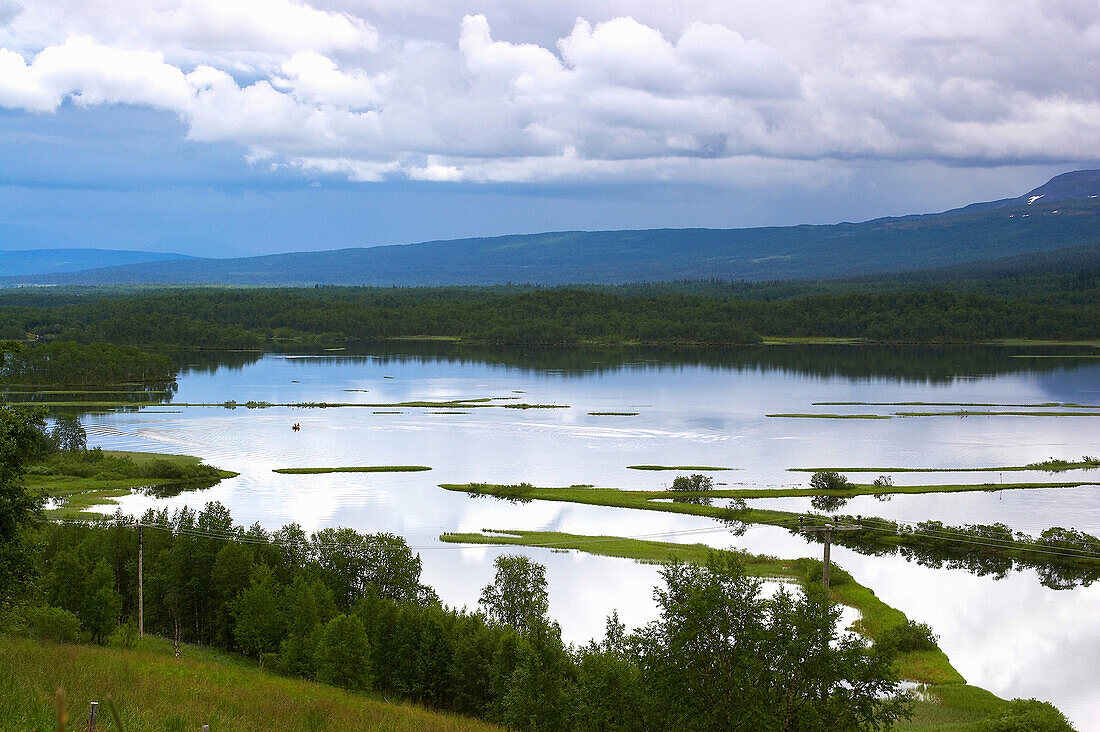 On the Vildmarksvaegen: view at the lake Kultsjoen, Lapland, northern Sweden