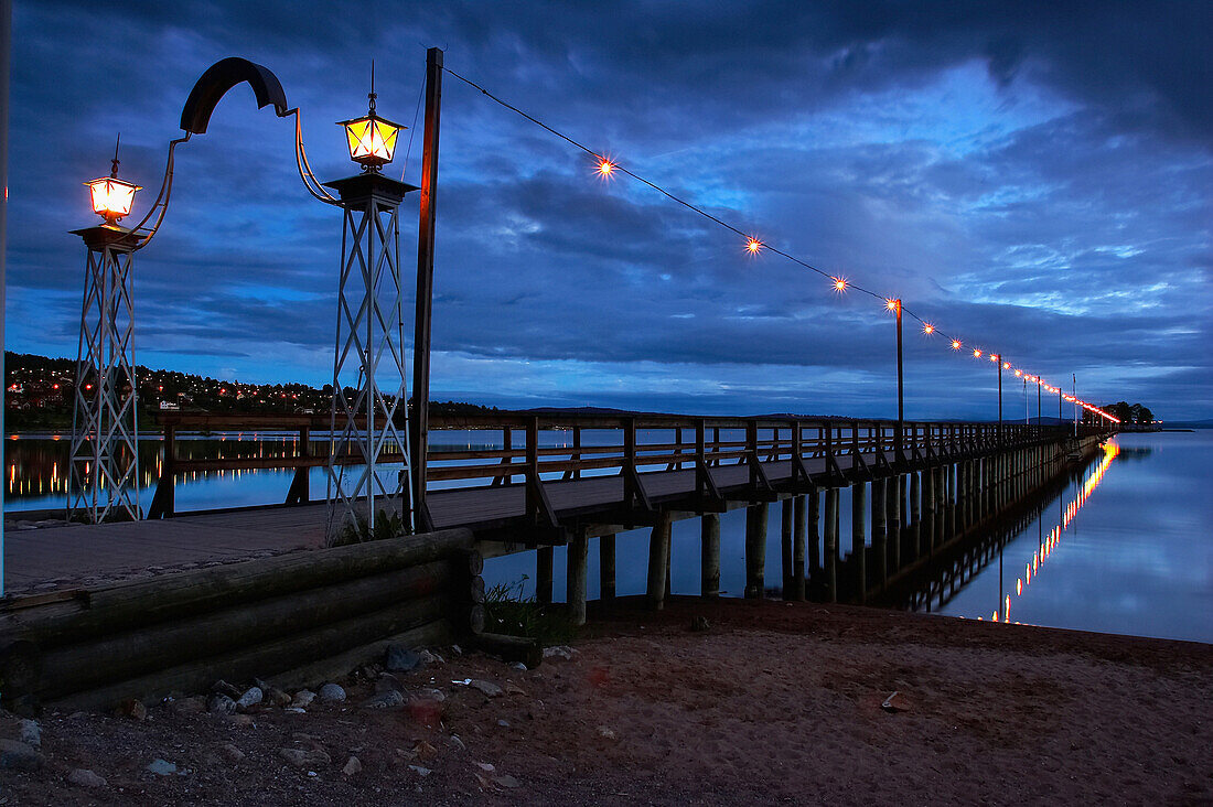 Evening at the Langbrygga 625 m long, gangplank of Raettvik at the lake Siljan, Dalarna, middle Sweden