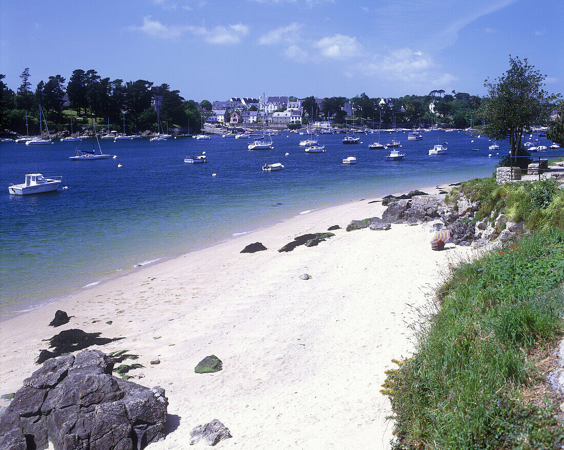 Scenic beach, Benodet village, Brittany coastline, France.
