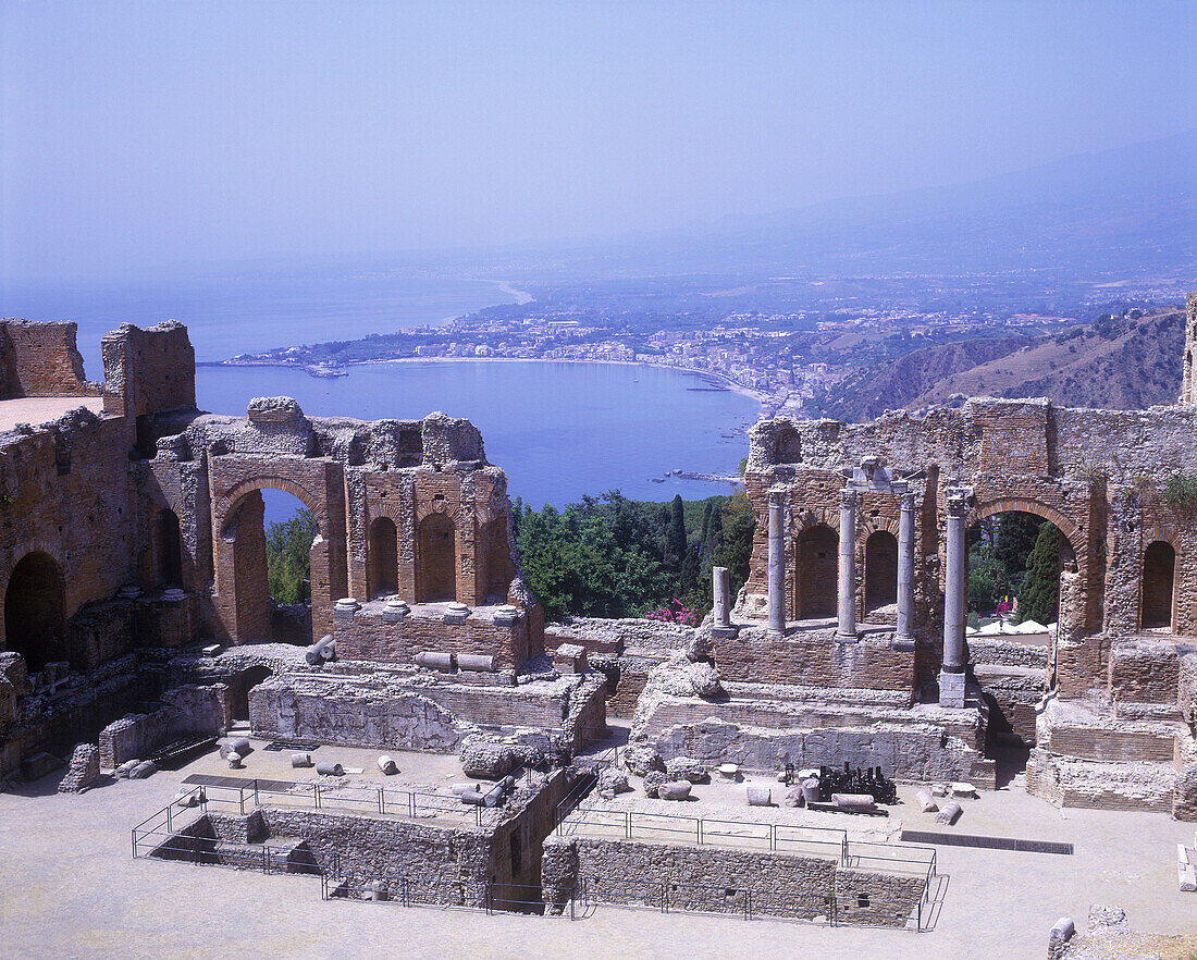 Greek amphitheater, taormina ruins, Sicily coastline, Italy.