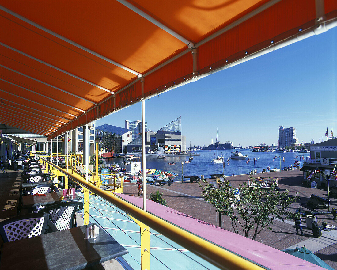 Restaurants, Inner harbour skyline, Baltimore, Maryland, USA