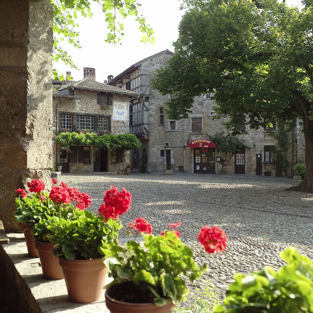 Place le la Halle, main square. Medieval city of Pérouges. Rhône Valley. France.