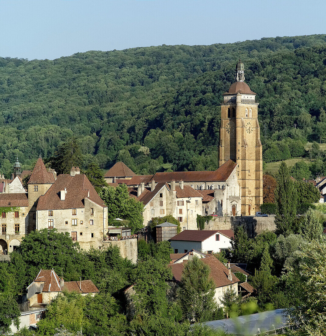 Arbois skyline with Saint Just church, built in the XVIth century. Jura. France.