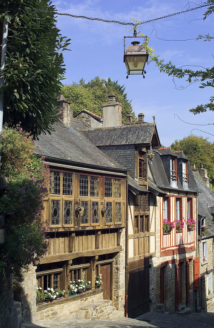 Half-timbered houses, rue du Petit Fort in the old town of Dinan. Britanny. France.
