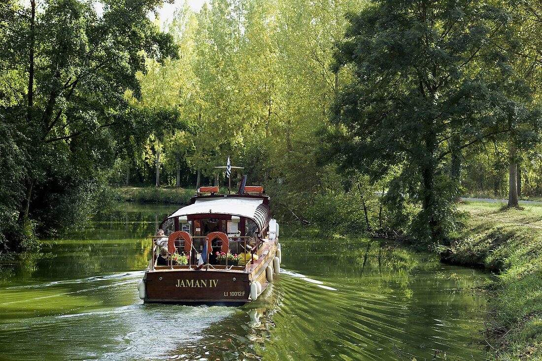 Tour boat on Napoleon canal. Léon, near Dinan. Britanny. France.
