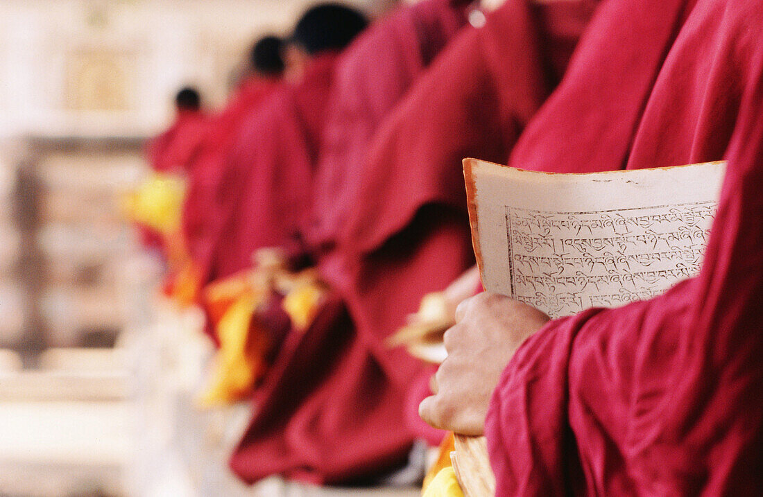 Buddhist monks praying mantras. Mahabodhi Temple. Bodhgaya. India