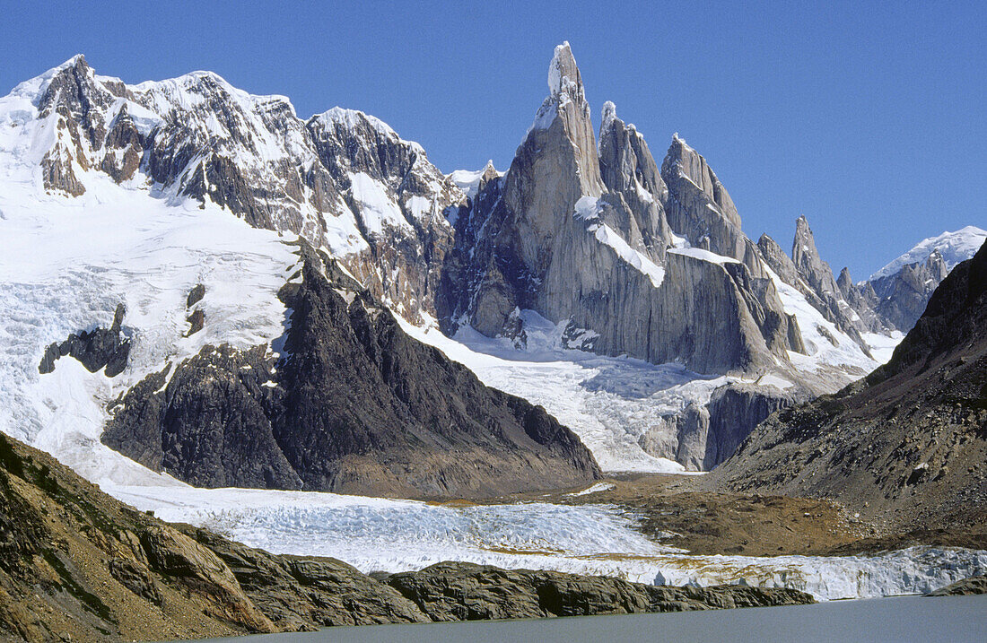 Cerro Torre and glacier. El Chalten. Los Glaciares National Park. Santa Cruz province. Patagonia. Argentina.