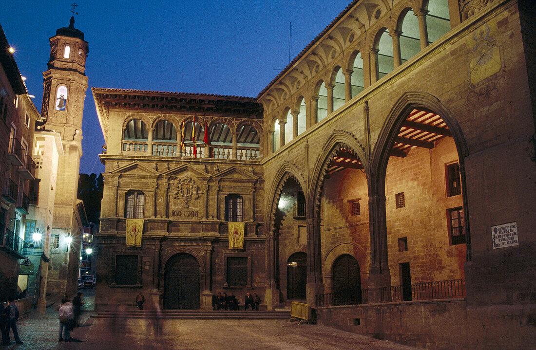 Town Hall, Lonja (old market) and Torre de los Escolapios (tower). Alcañiz, Teruel province, Aragon, Spain