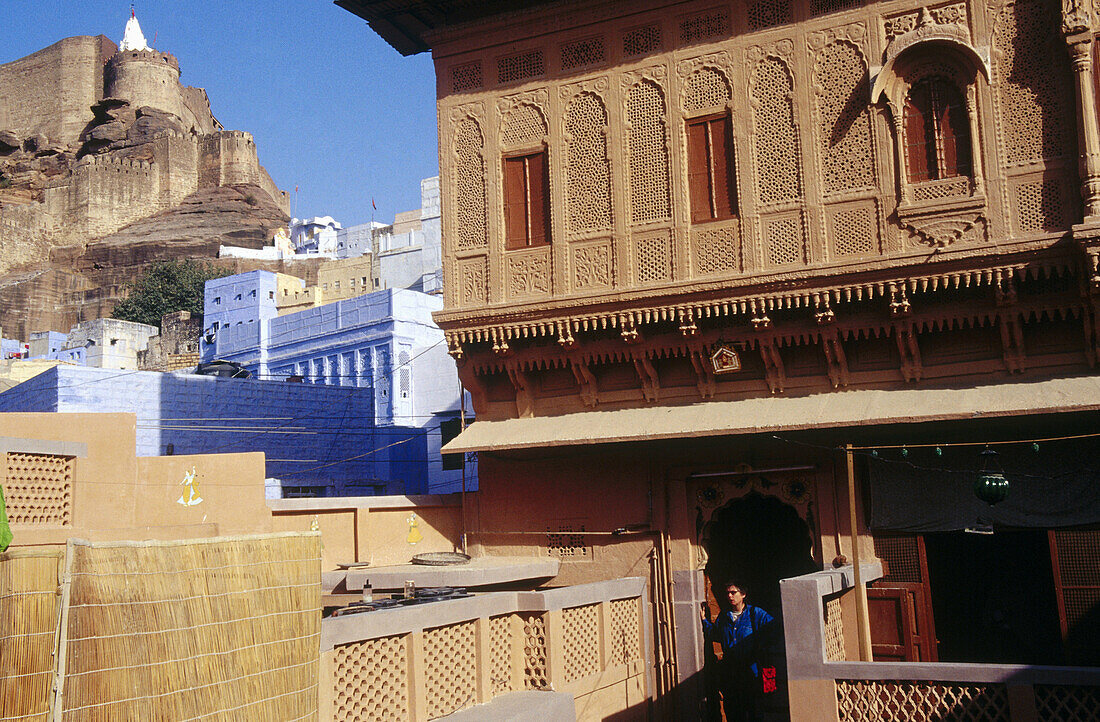 Balcony of a Haveli , a noble house. Meherangarh fortress. Jodhpur. Rajasthan. India.