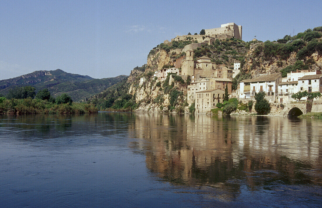Templar castle and Ebro river. Miravet, Tarragona province. Catalunya. Spain.