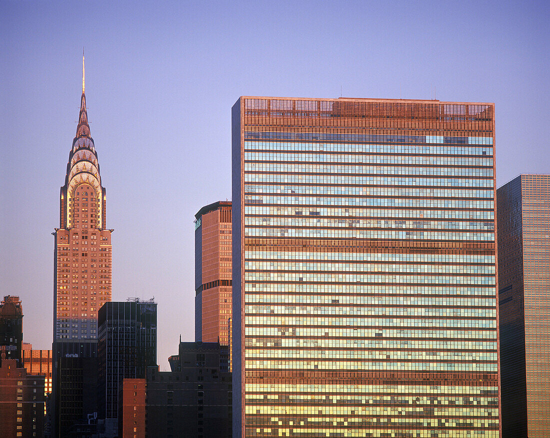 Chrysler and United Nations Buildings, midtown skyline, Manhattan. New York City, USA