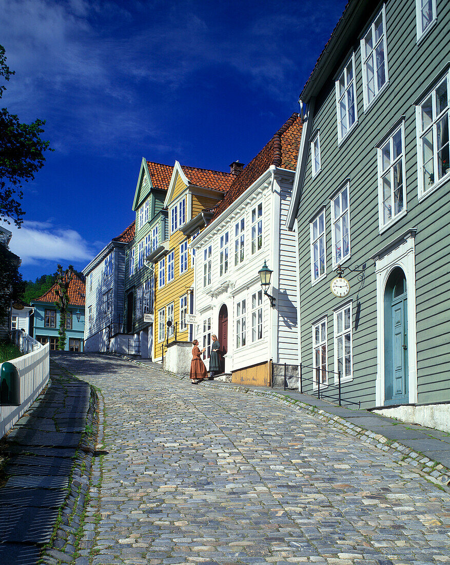 Women in traditional clothes, gamle bergen museum, Bergen, Norway.