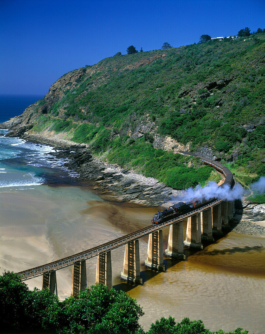 Scenic outeniqua choo- tjoe train, kaaimans river, garden route coastline, South africa.