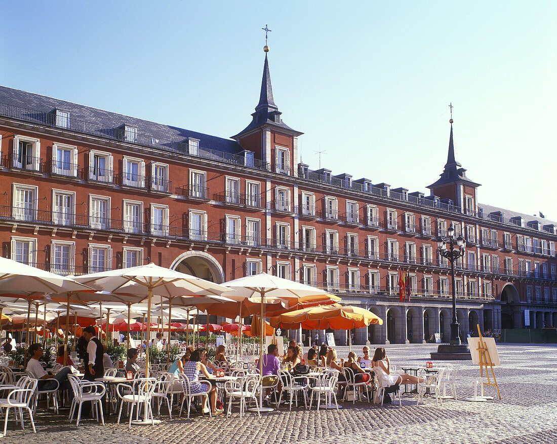 Street scene, Cafes, Plaza mayor, Madrid, Spain.