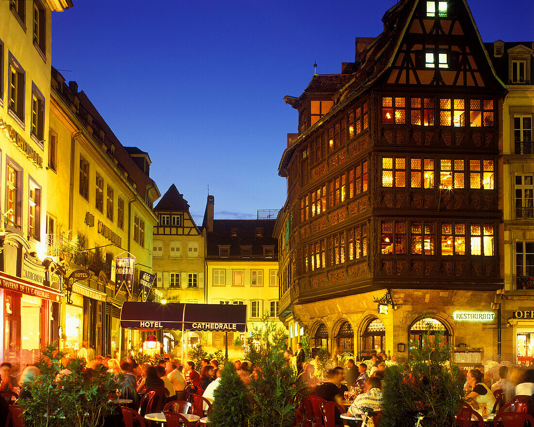 Cafes, Street scene, Cathedral square, Strasbourg, Alsace, France.