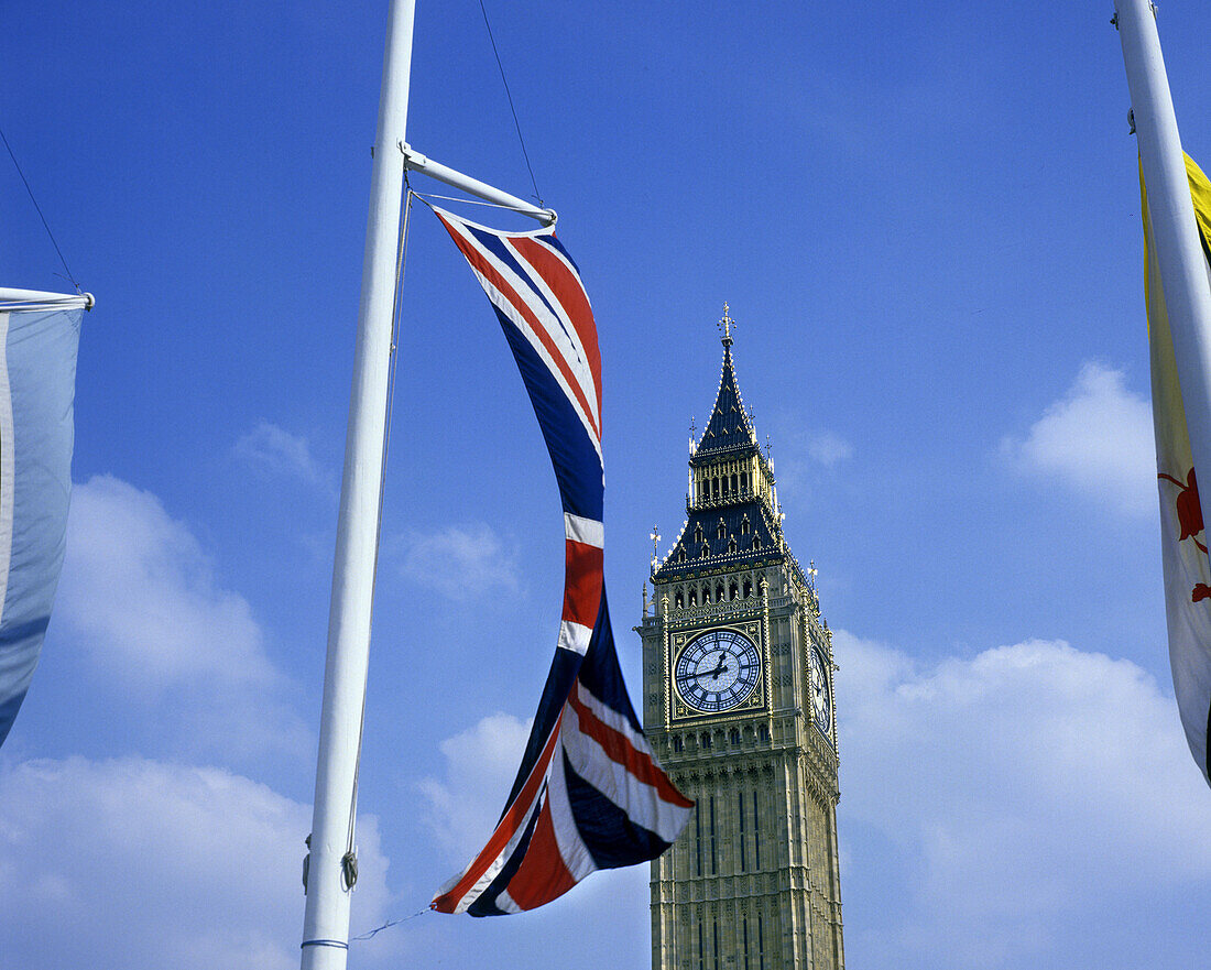 Union Jack (UK) flag, Big Ben, Parliament Square, London, England, UK