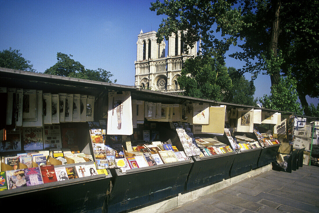 Street scene, Book stalls, Notre dame cathedral, Paris, France.