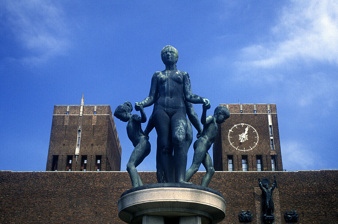 Statue, City hall, Oslo, Norway.