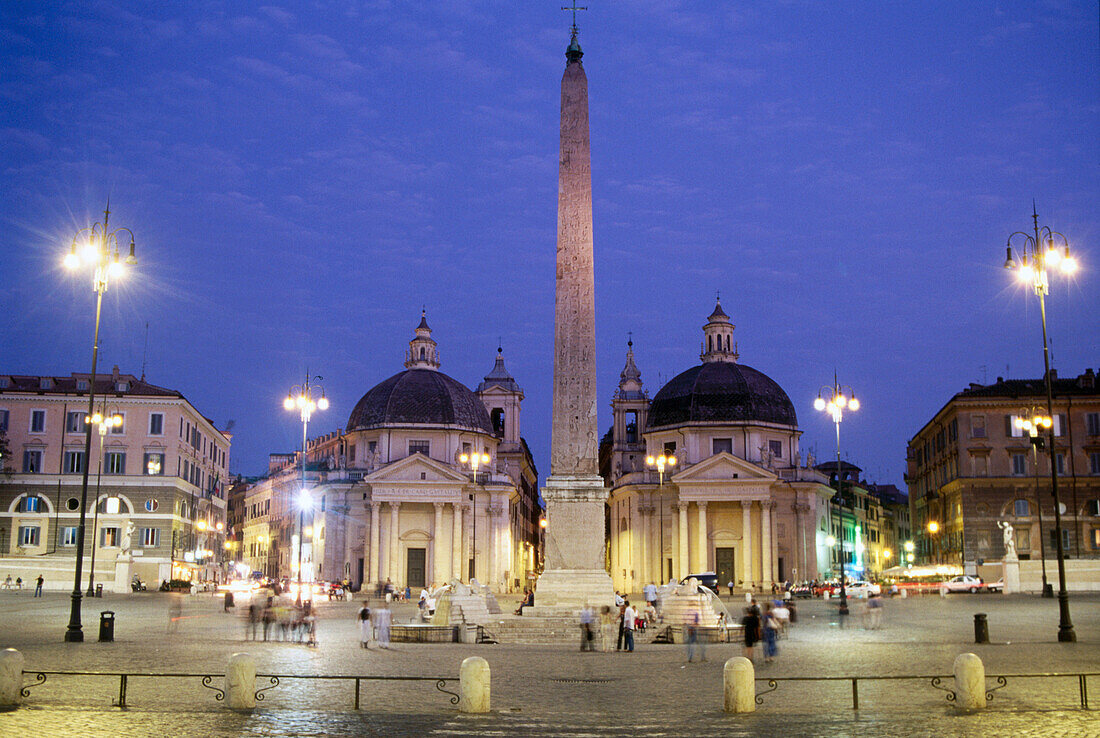 Piazza del Popolo, with the obelisk and the twin churches of Santa Maria dei Miracoli and Santa Maria in Montesanto, built in the 16th century by Bernini. Rome. Italy