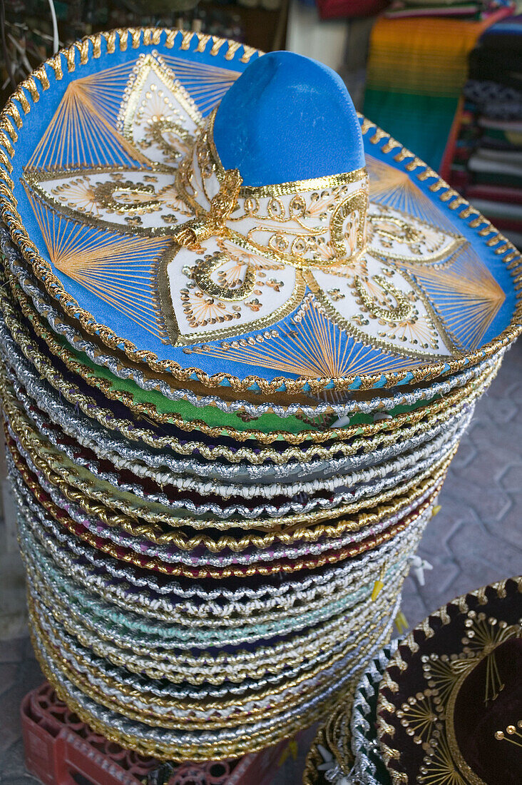 Mexican hats at Mexican market, Cancun. Yucatan Peninsula, Mexico